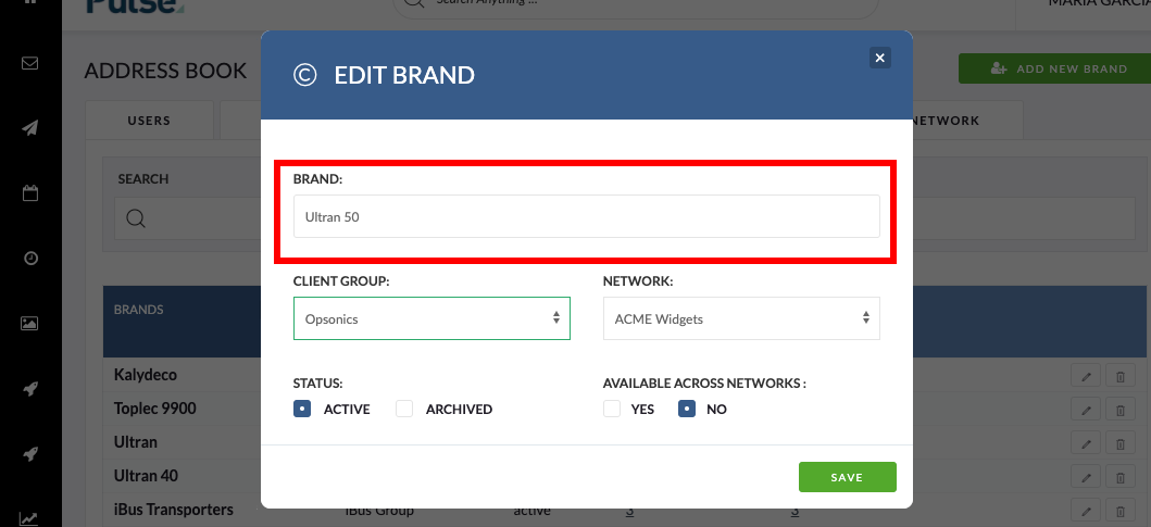 Screenshot of the Edit Brand modal highlighting the 'Brand Name' field