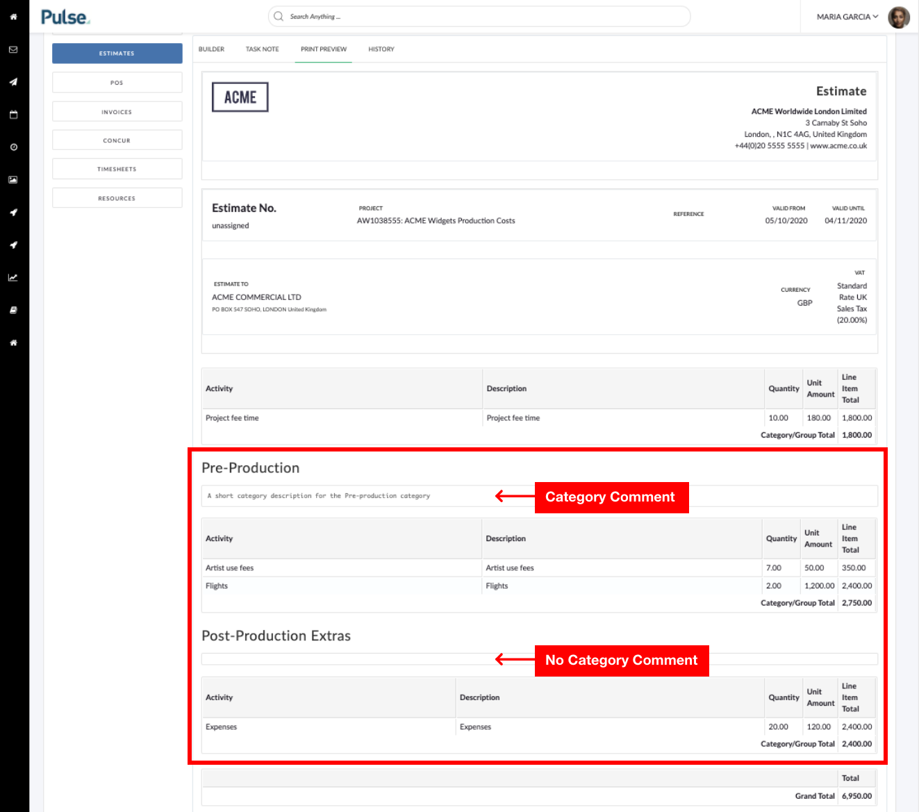 Screenshot of the Estimate Preview highlighting the new 'Category Comment' field showing one Category with a Category Comment and the other without.