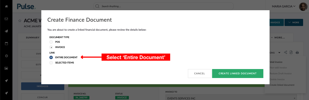 Screenshot of the 'Create Finance Document' modal highlighting the 'Link' option with 'Entire Document' selected